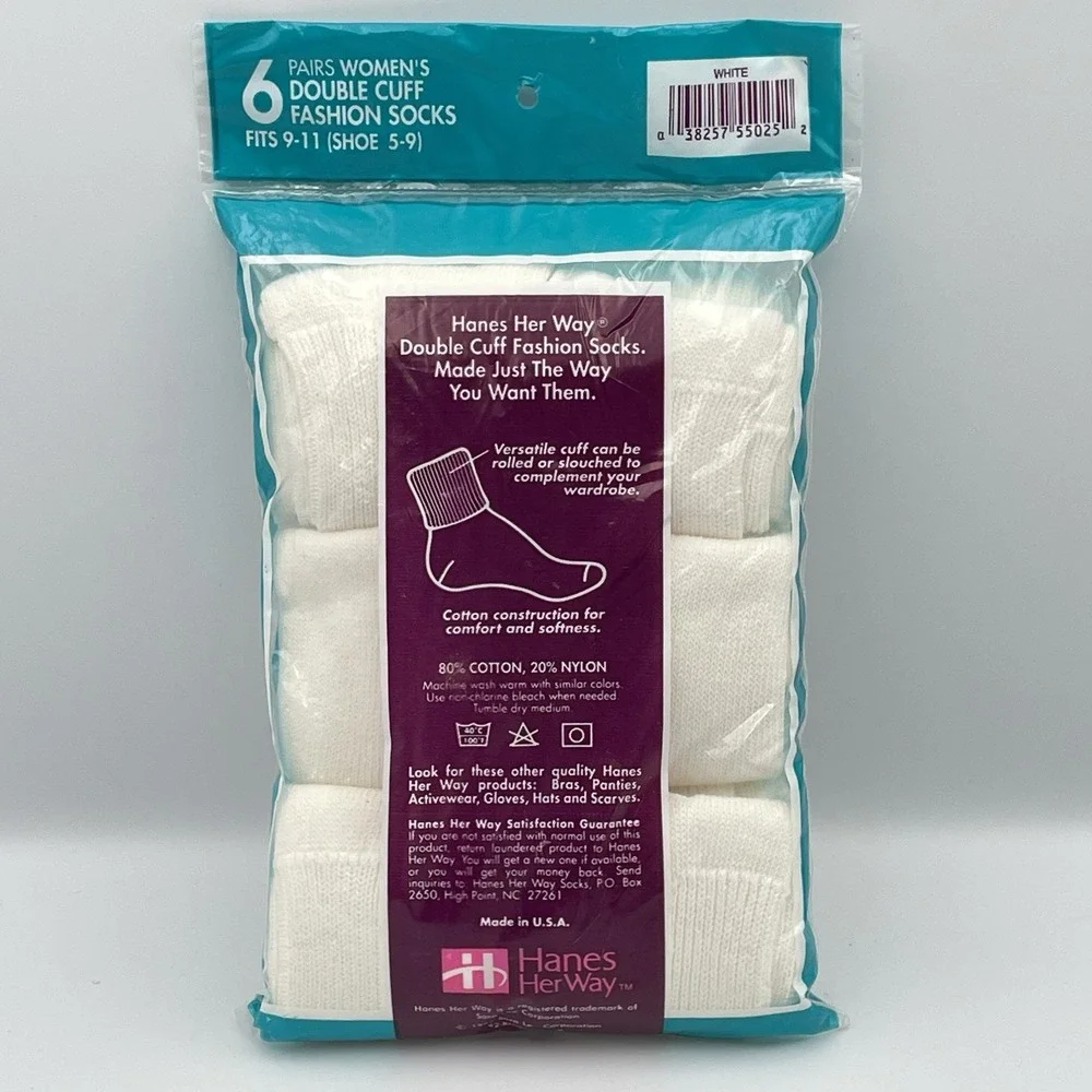 Vintage 1992 Hanes Her Way Double Cuff Socks Fashion 6 Pair White New Fits 5-9